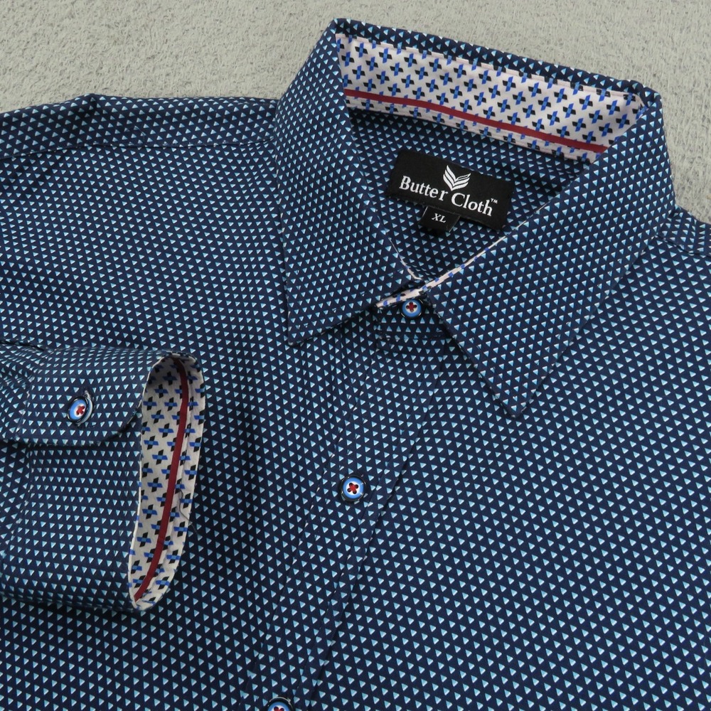 Buttercloth Shirt XL Mens Icy Cotton Navy Geometric Long Sleeve Button Up Flex